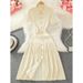 Women's Clothing Polo Collar Gold Button Sweater Dress European American Style Waist Cinching Long Dress Short Sleeved Hollow Knit New Autumn Winter_ecoleips.com