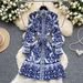 Women's Retro Court Style Midi Dress High End Printed Lantern Sleeve Stand Collar Slimming Waist Mature Fashion_ecoleips.com