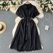 Women's Clothing Skirt Gentle Style Lapel Puff Sleeve Mid Length Shirt Dress Women's Lace Up Slimming Hollow_ecoleips.com