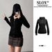 Women's Clothing Black Slim Fit Slim Fit Hooded Sweatshirt - Lightweight Stretchy Pullover With Zipper, Casual Sporty Jacket For Spring & Fall_ecoleips.com
