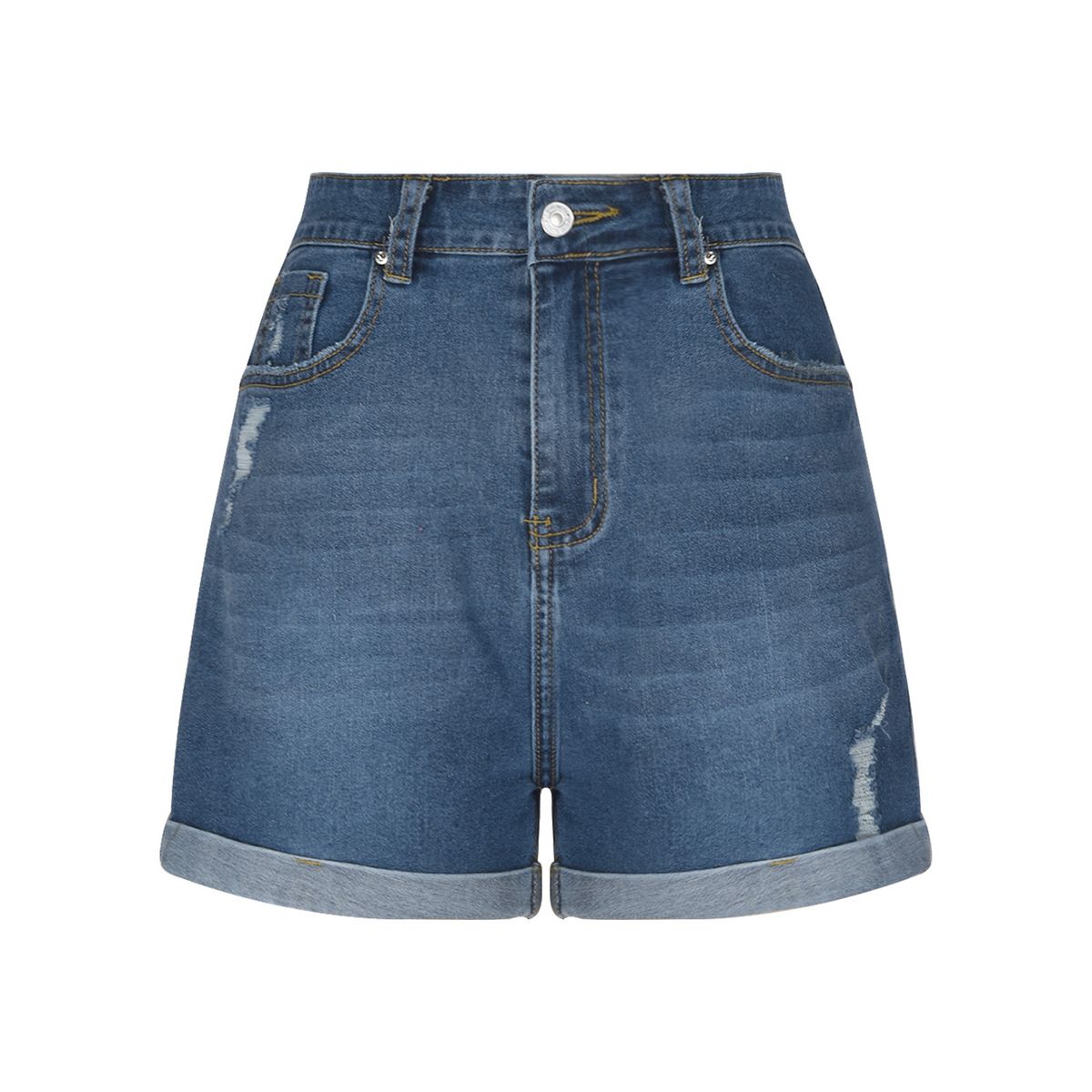 K Women's New Straight Tube Slim Fit Denim Shorts With Worn Edges And Rolled Edges_ecoleips.com