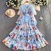 Women's Clothing Women's Style V-Neck Bell Sleeve Dress Lace Patchwork Print Ruffled Long Skirt Waist Cinching Sexy Spring Autumn_ecoleips.com