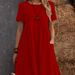 Women's Casual Short Sleeve A-Line Dress With Pockets, Solid Color Round Neck T-Shirt Dress For Everyday Wear_ecoleips.com