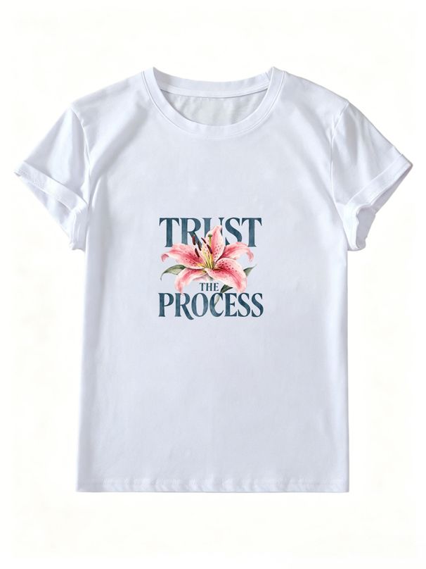Trust The Process Watercolor Lily Slogan Print Minimalist T-Shirt, Women Oversized Soft Cotton Tee, Motivational Daily Casual Streetwear Top_ecoleips.com