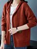 Rust Red Zip Up Drawstring Hood Pit Rib Knit Cardigan, Loose Lightweight Breathable Soft Skin-touch Long Sleeve Pocket Sweater_ecoleips.com