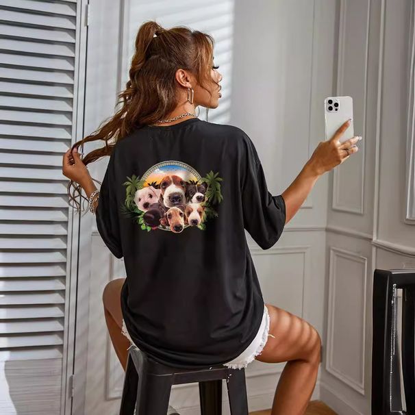 Women's Casual Black T-Shirt Loose Fit round Neck Short Sleeve European American Style Sportswear Top with Small Dog Print Back_ecoleips.com