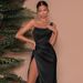 Women's Clothing Summer New Sexy Dress Temperament One Shoulder Fishbone Side Slit Dress Satin Long Skirt_ecoleips.com