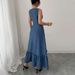 Women's Clothing Sleeveless Round Neck Tie Flower Denim Casual Simple Long Skirt_ecoleips.com