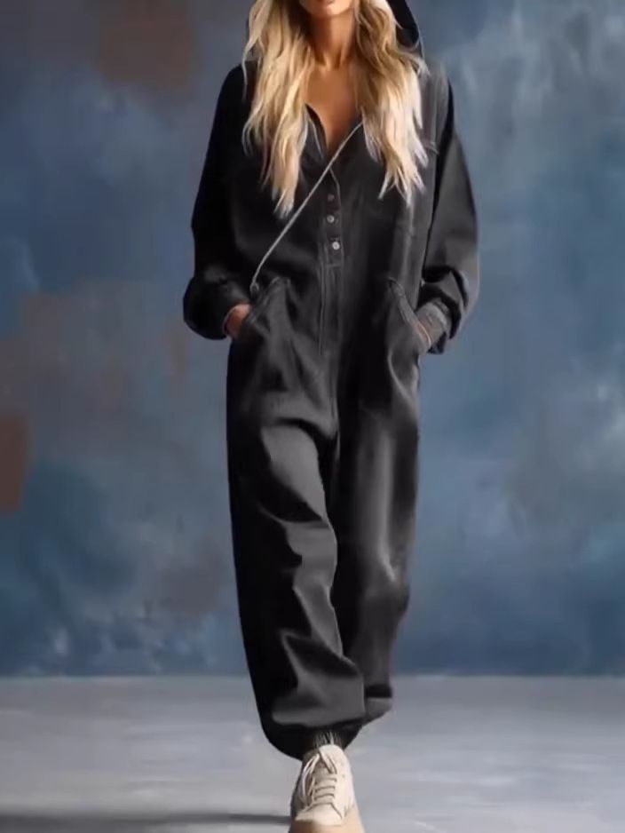 Women's Casual Long Sleeved Jumpsuit With Large Pockets Denim Print American Style_ecoleips.com