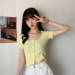Short Sleeve T-shirts Women Slim Solid Lace O-neck Single Breasted Trendy Chic Sweet Lovely Ulzzang Simple Streetwear Knitted_ecoleips.com