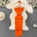 Women's Clothing Temperament Halter Neck Hollow Tight Slimming Backless Sleeveless Mid Length Slit Hip Covering Knitted Bottoming Dress_ecoleips.com