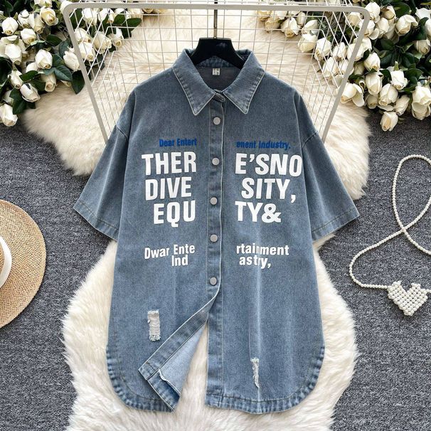 Vintage Denim Shirt For Women - Retro BF Style Casual Oversized Shirt With Asymmetrical Letter Print, Summer Fashion_ecoleips.com