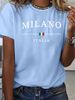 Women's Casual Letter Print T-Shirt – Soft Polyester, Loose Fit, Short Sleeve, Summer Essential (Sky Blue/Black/Red)_ecoleips.com