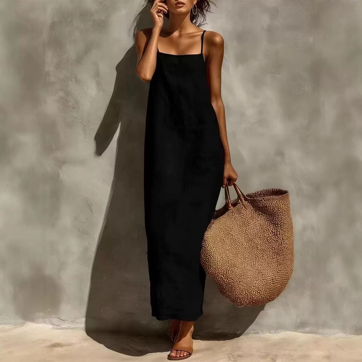 Women's Solid Color Halter Backless Sleeveless Loose Fit Maxi Dress – Casual Summer Resort Gown 2026_ecoleips.com