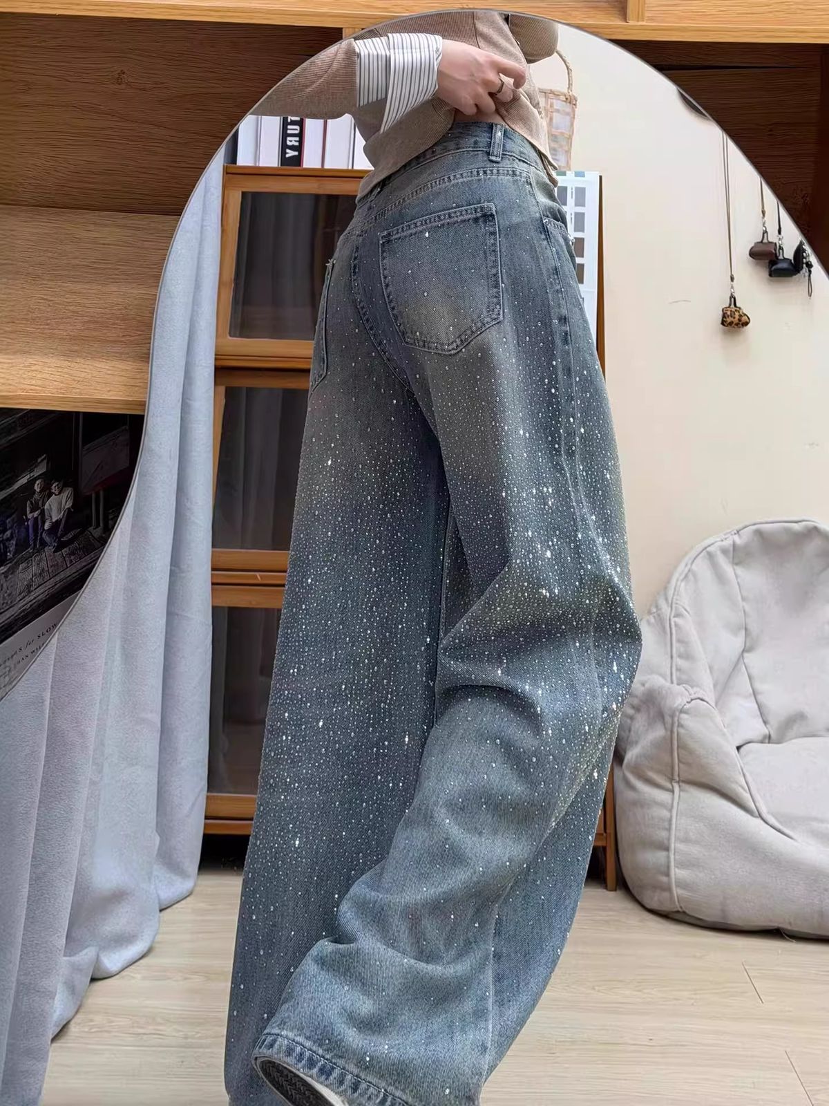 Stylish High-Waisted Flared Jeans For Women – Blue Distressed Denim With Rhinestone Embellishments, Comfortable Cotton Blend (S-2xl)_ecoleips.com
