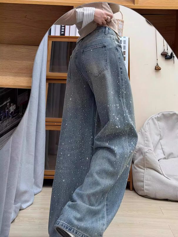 Stylish High-Waisted Flared Jeans For Women – Blue Distressed Denim With Rhinestone Embellishments, Comfortable Cotton Blend (S-2xl)_ecoleips.com