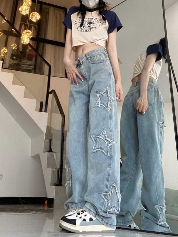 Women's Embroidered High Waist Wide Leg Jeans Five Pointed Star Appliqué Unique Straight Leg Floor Length Pants Spring Autumn Style Loose Fit_ecoleips.com