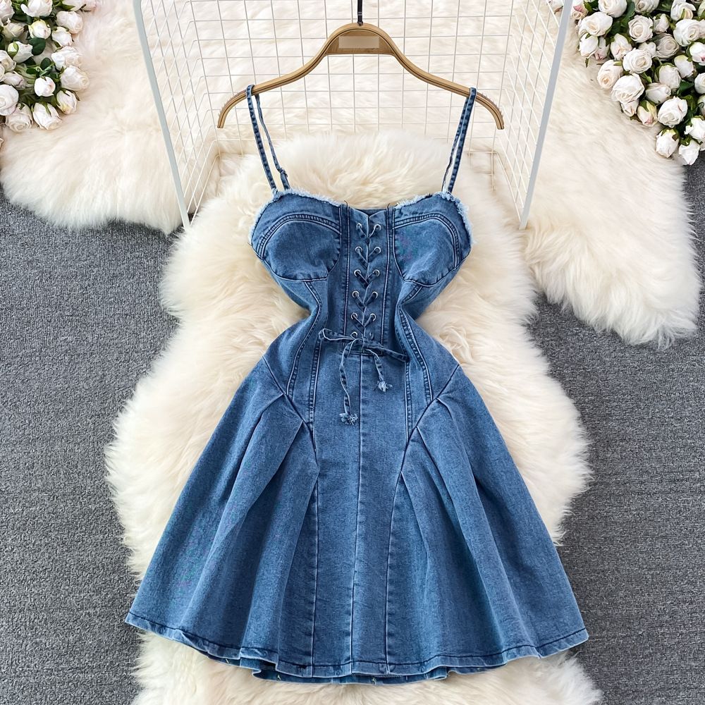 New Summer Strap Waist Slimming Backless Sleeveless Sexy Sweet And Spicy Denim Suspenders A Line Dress Skirt_ecoleips.com