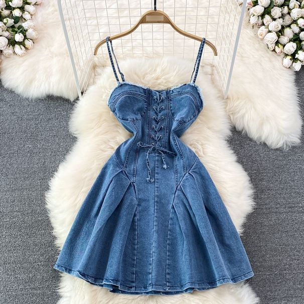 New Summer Strap Waist Slimming Backless Sleeveless Sexy Sweet And Spicy Denim Suspenders A Line Dress Skirt_ecoleips.com