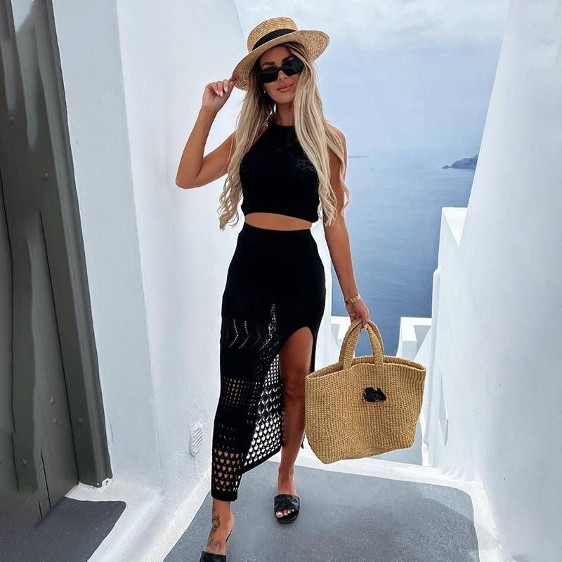 Women's Clothing Sexy Beach Skirt Suit Summer Sleeveless Knitted Short Top Long Slit Skirt_ecoleips.com