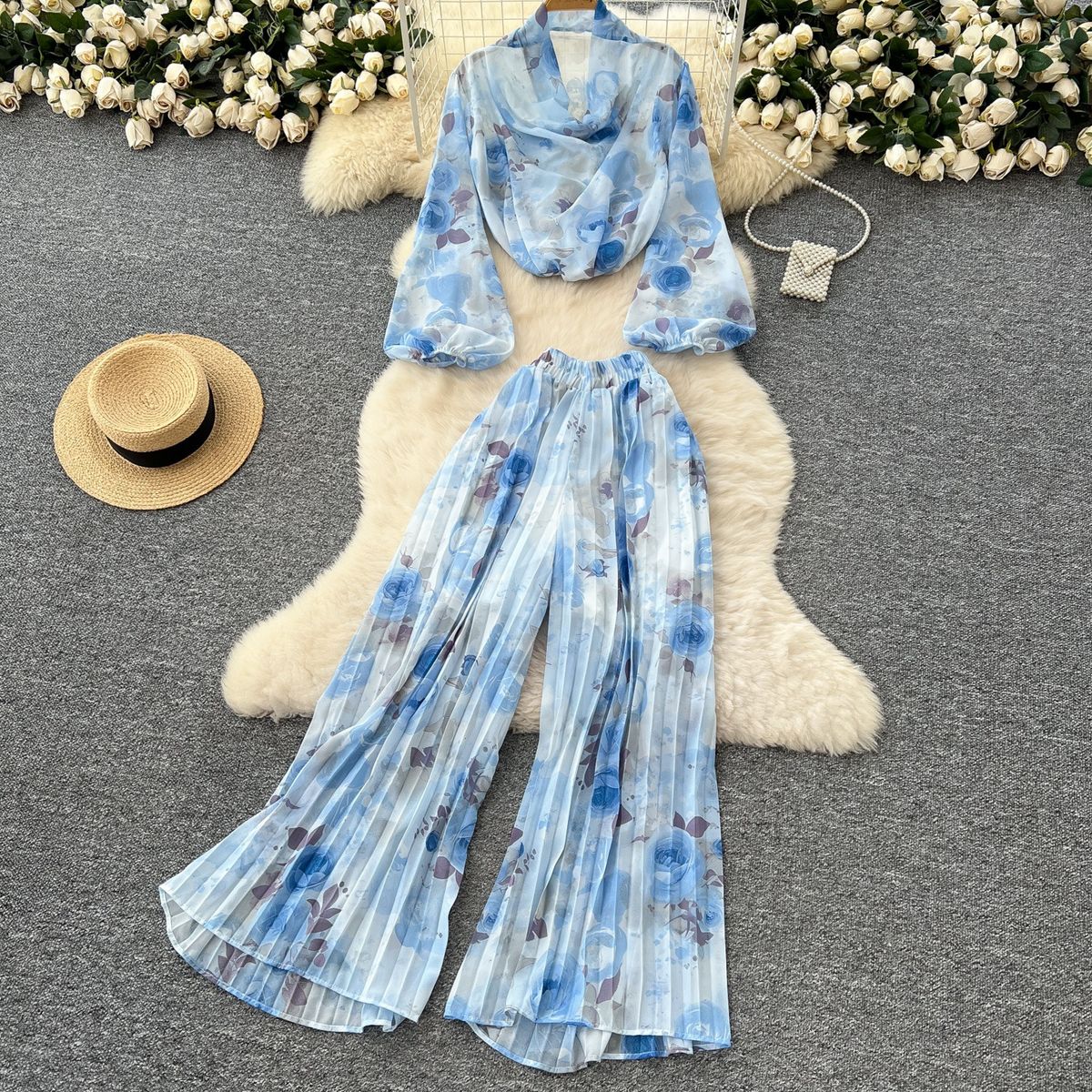 Women's Clothing Light Mature Style Temperament Two Piece Suit High End Sense Sway Collar Printed Chiffon Top High Waist Pleated Wide Leg Pants_ecoleips.com