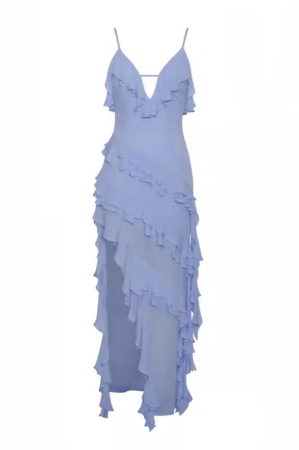 Asymmetric Ruffle Strap Dress – Flowy Blue Maxi Dress With Flirty Hemline_ecoleips.com