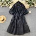 Women's Clothing Luxury French-Inspired Embellished Dress – High Neck Lantern Sleeve Tulle Ruffled Ball Gown (Black/Red/Beige/White, S-L)_ecoleips.com