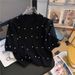 Women's Vintage round Neck Short Sleeve Knit Top Beaded Blouse Soft Colors Beige Blue Pink Black White Yellow Green Elegant_ecoleips.com