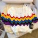 Women's Rainbow Striped Square Neck T-Shirt Thin Ice Silk Knit Casual Elegant Fashion Summer Top For Adults_ecoleips.com
