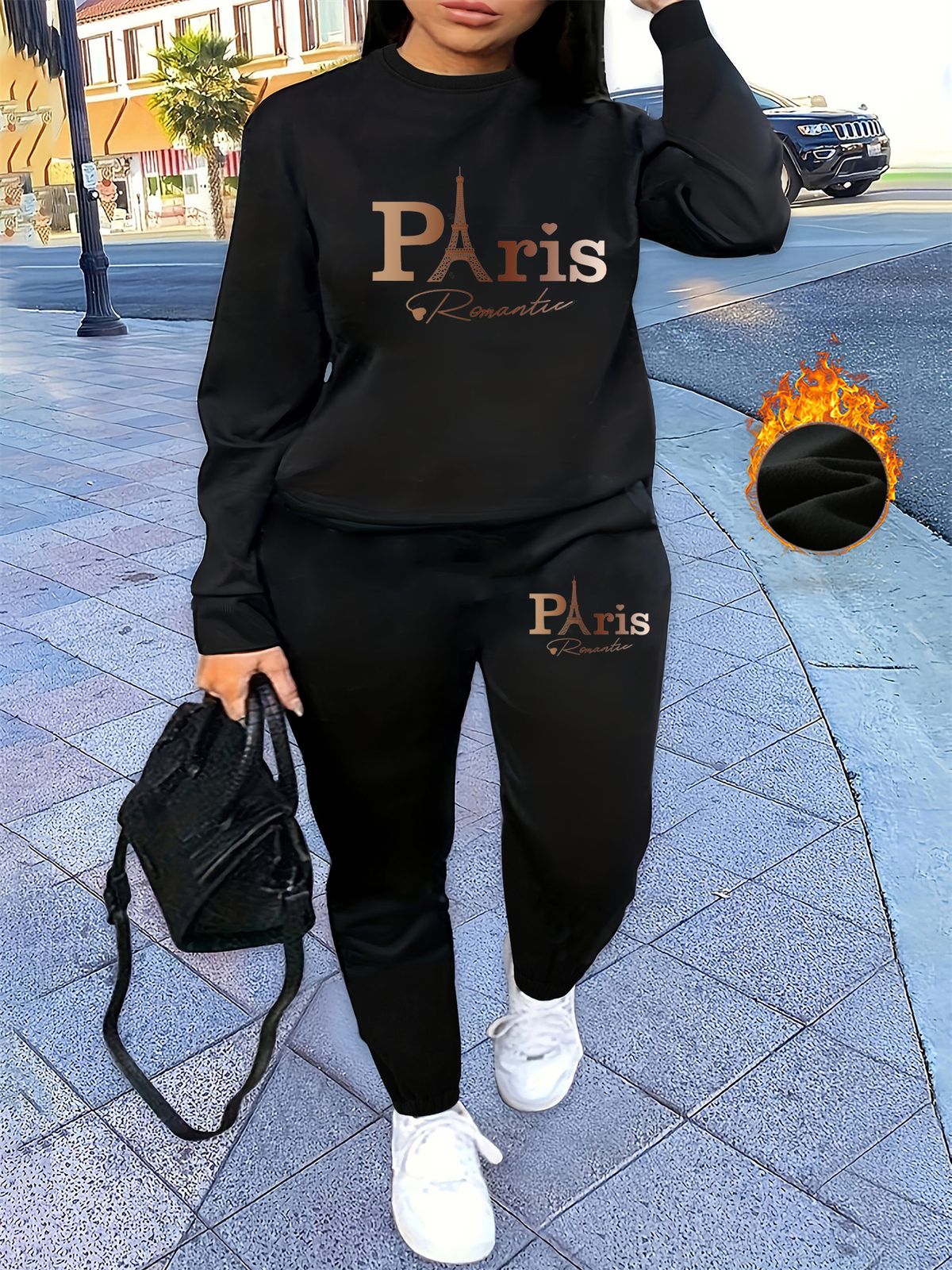 Women's Autumn And Winter Hip-hop Casual Street Paris Letter Pattern Printed Round Neck Sports Shirt+sports Pants Set-535_ecoleips.com