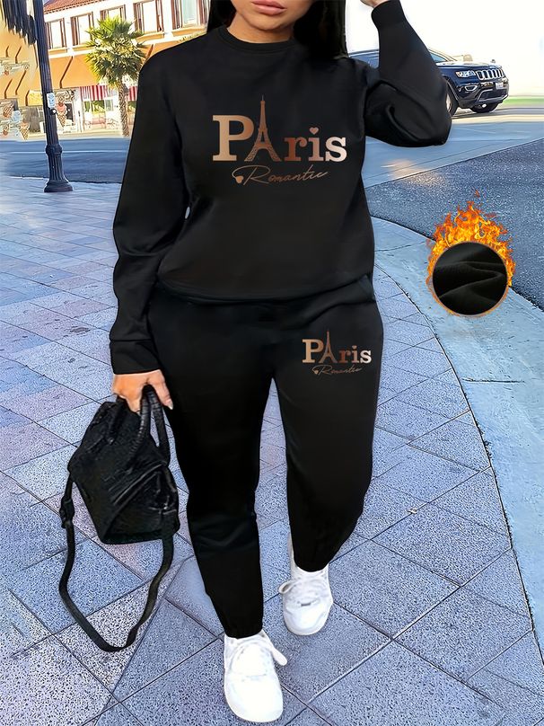 Women's Autumn And Winter Hip-hop Casual Street Paris Letter Pattern Printed Round Neck Sports Shirt+sports Pants Set-535_ecoleips.com