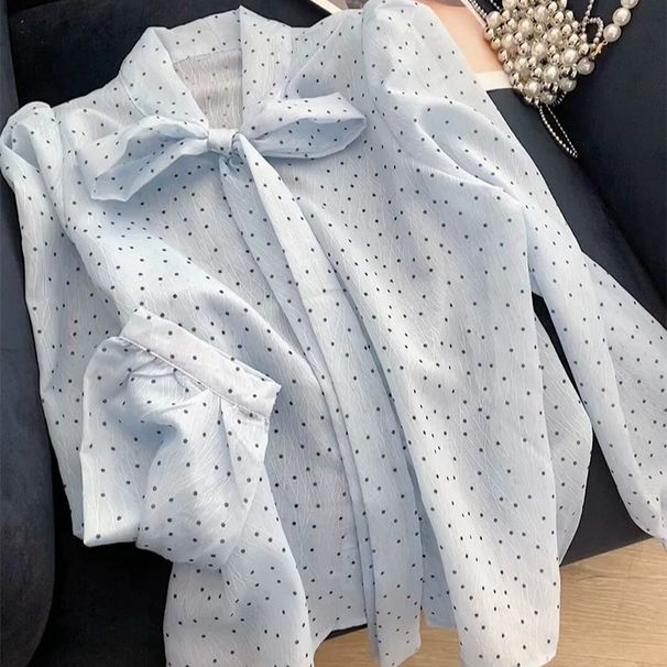 Women's Clothing Blue Polka Dot Chiffon Blouse With Bow French Style Sophisticated Long Sleeved Top For Petite Women Perfect For Spring Summer_ecoleips.com