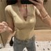 Women's Sexy Knitted Base Layer Top Short Sleeve Tight Fitting Low Cut V Neck Spring Summer 2023_ecoleips.com