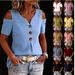 Summer Women's Elegant V Neck Off Shoulder T-Shirt Button Down Short Sleeved Top Fashionable American Style_ecoleips.com