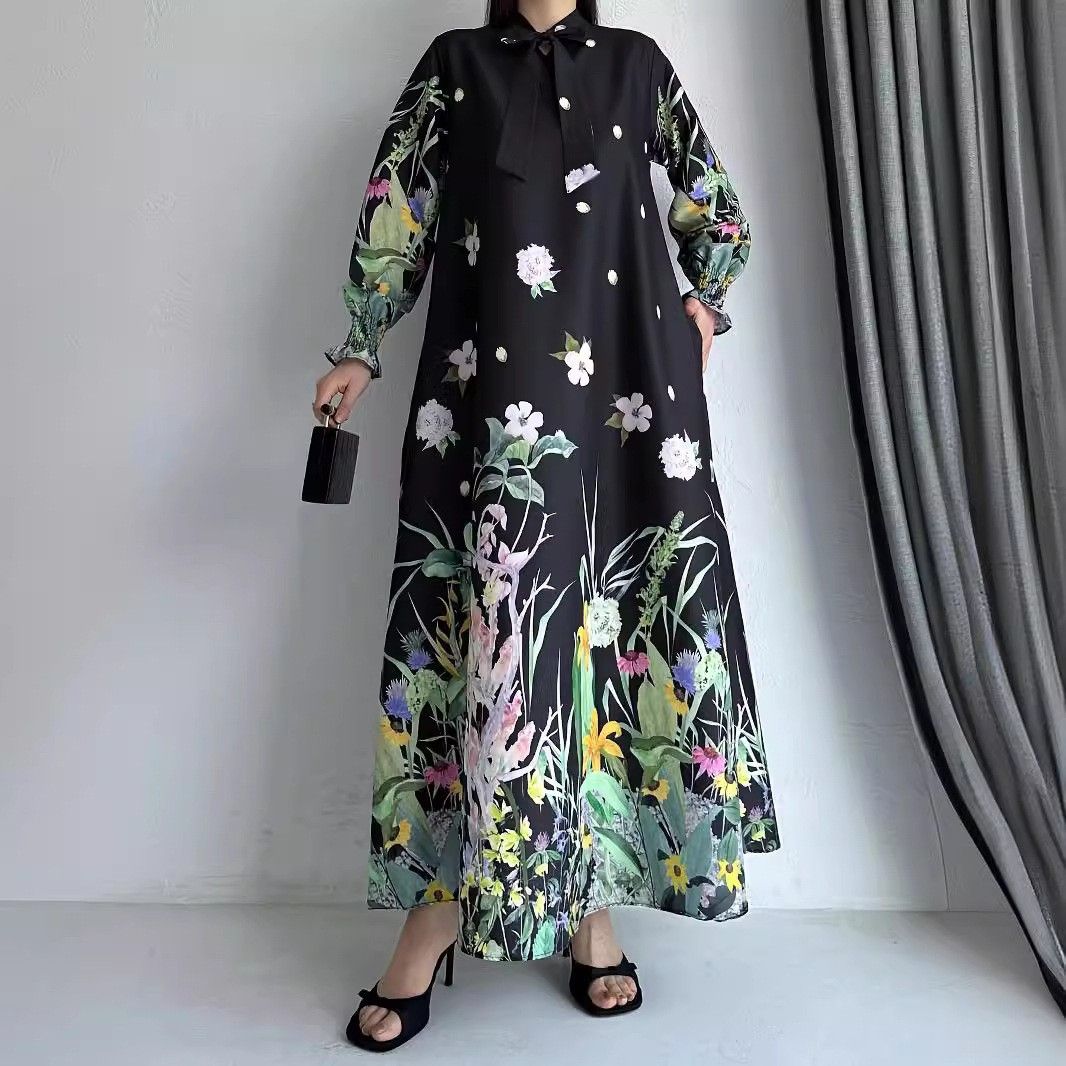 Elegant Floral Maxi Dress For Women – Modest Muslim Long Sleeve High Waist Dress With Tie Neck, Breathable Knit Fabric, Office & Occasion Wear_ecoleips.com