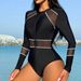 Women's Clothing Mesh Splicing Zipper Swimsuit Long Sleeves One Piece Swimsuit Surfing Suit_ecoleips.com