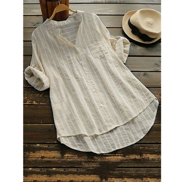 European And American Women's Spring New Casual Shirts V Neck Mid Length Ladies Shirt Striped Three Quarter Sleeve Shirt For Women_ecoleips.com