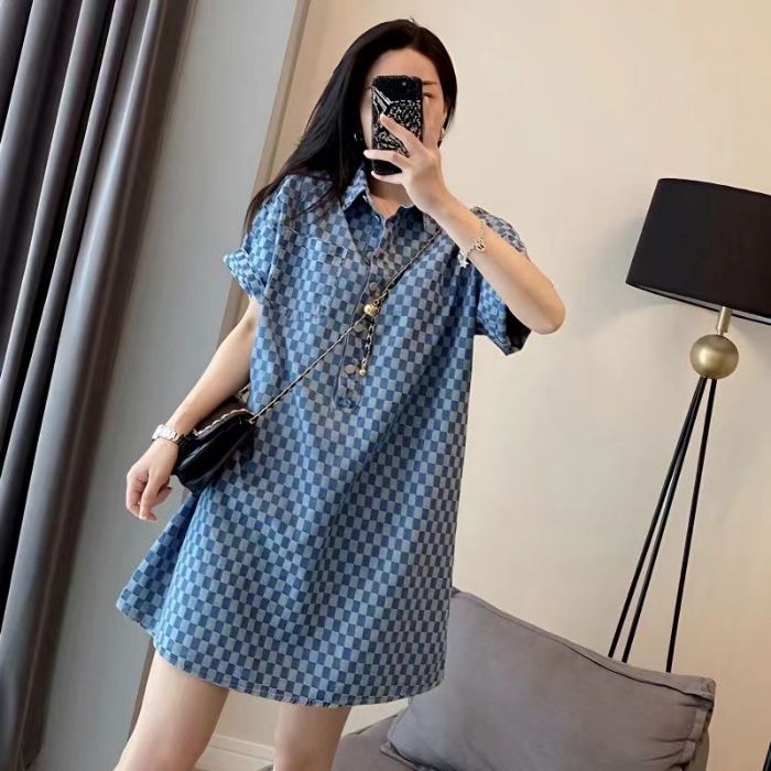 Plus Size Denim Blue Dress For Women – Oversized Casual Short Sleeve T-Shirt Dress, Summer Loose Fit Midi Length For Curvy Ladies (2XL-4XL)_ecoleips.com