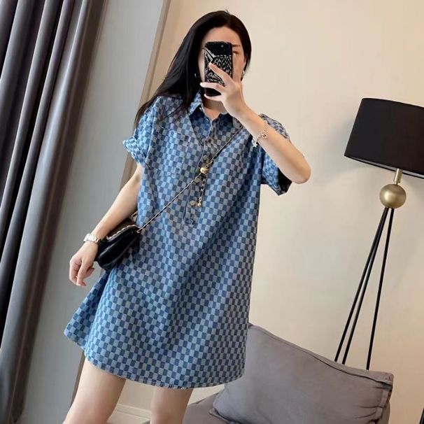Plus Size Denim Blue Dress For Women – Oversized Casual Short Sleeve T-Shirt Dress, Summer Loose Fit Midi Length For Curvy Ladies (2XL-4XL)_ecoleips.com
