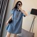 Plus Size Denim Blue Dress For Women – Oversized Casual Short Sleeve T-Shirt Dress, Summer Loose Fit Midi Length For Curvy Ladies (2XL-4XL)_ecoleips.com