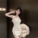 Strapless Dress Women Feather Collar Beaded Slit Birthday Party Wrapped Dresses_ecoleips.com