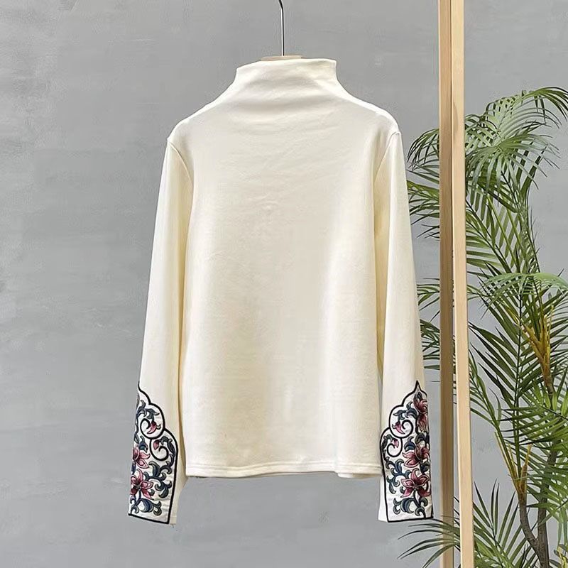 Autumn And Winter Retro Ethnic Style Double-Sided German Velvet Embroidered Base Shirt, Half-High Collar, Slim Fit, Warm_ecoleips.com