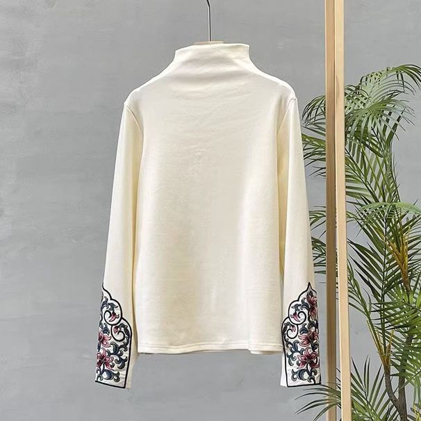 Autumn And Winter Retro Ethnic Style Double-Sided German Velvet Embroidered Base Shirt, Half-High Collar, Slim Fit, Warm_ecoleips.com