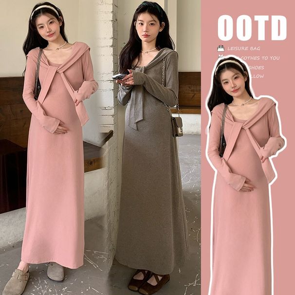 Autumn New Korean Fashion Shawl Stretch Maternity Dress_ecoleips.com
