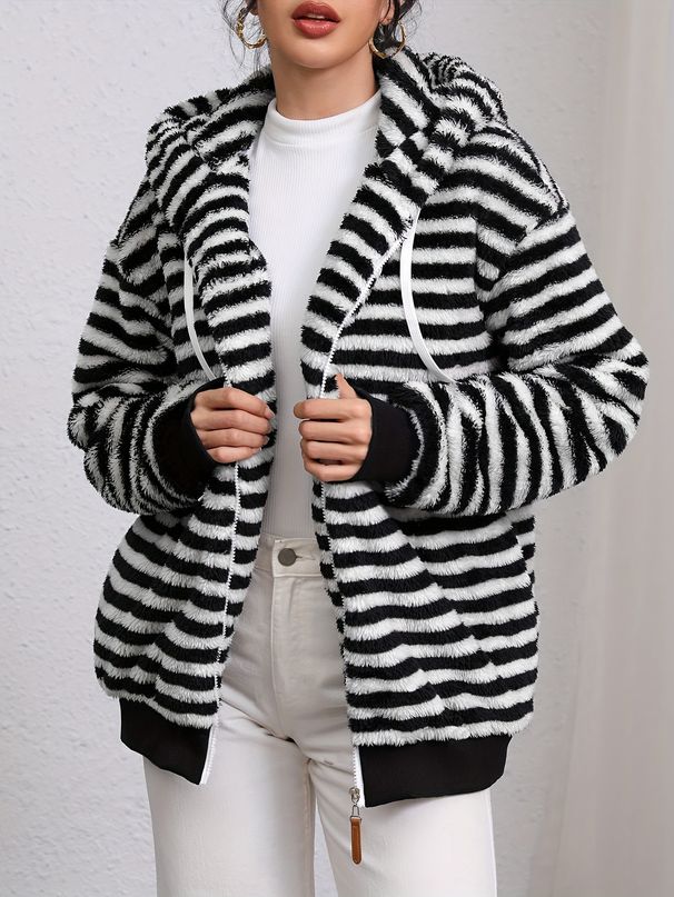 Oversized Striped Fleece Hoodie – Cozy Unisex Pullover With Drop Shoulder_ecoleips.com