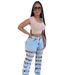 Light Blue Cutout Flare Jeans For Women, High Waist Hollow Denim Trousers For Party Night Out_ecoleips.com