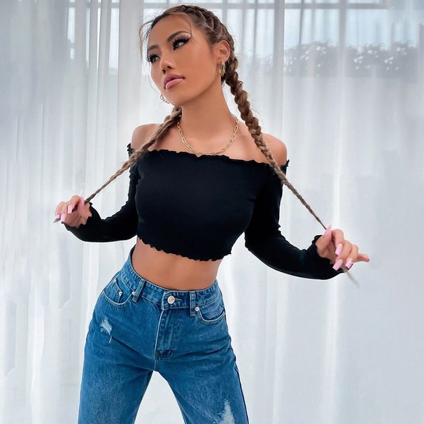 Voya Women's Streetwear Hot Girl Internet Celebrity Casual One Collar Knitted Long Sleeved Ultra Short T-shirt Top_ecoleips.com