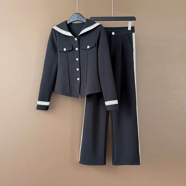 Navy Collar Slim Fit Women's Two-Piece Set – Autumn Long Sleeve Top & Trousers Outfit (S-XXL, Black/Beige)_ecoleips.com