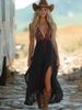 Women's Deep V Vacation Dress With Retro Strapless Design, Featuring Patchwork And Irregular Hemline_ecoleips.com