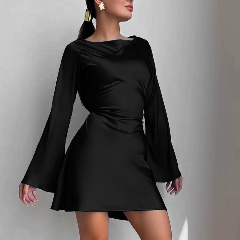 Women's Elegant Satin Short Skirt Dress Waist Cinching Ribbon Cross European American Style Autumn Slim Fit_ecoleips.com